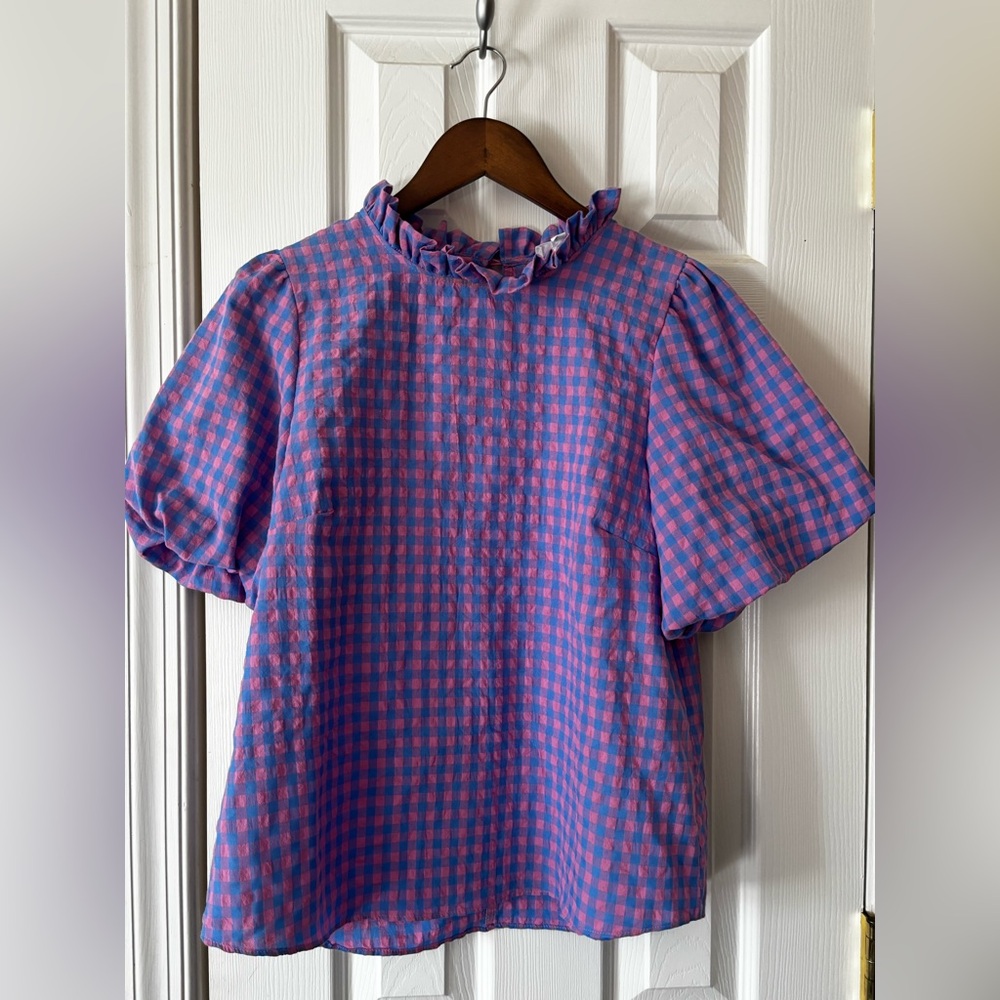 Anniewear Pink and Blue Gingham Balloon Sleeve Top